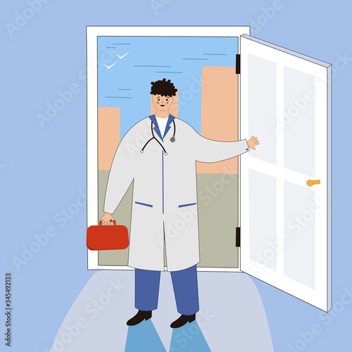 Smiling doctor at the door. Funny character design. Cartoon vector illustration. Doctors at home Visiting medical services Promo Poster. Banner advertising. Call for professional medical care.