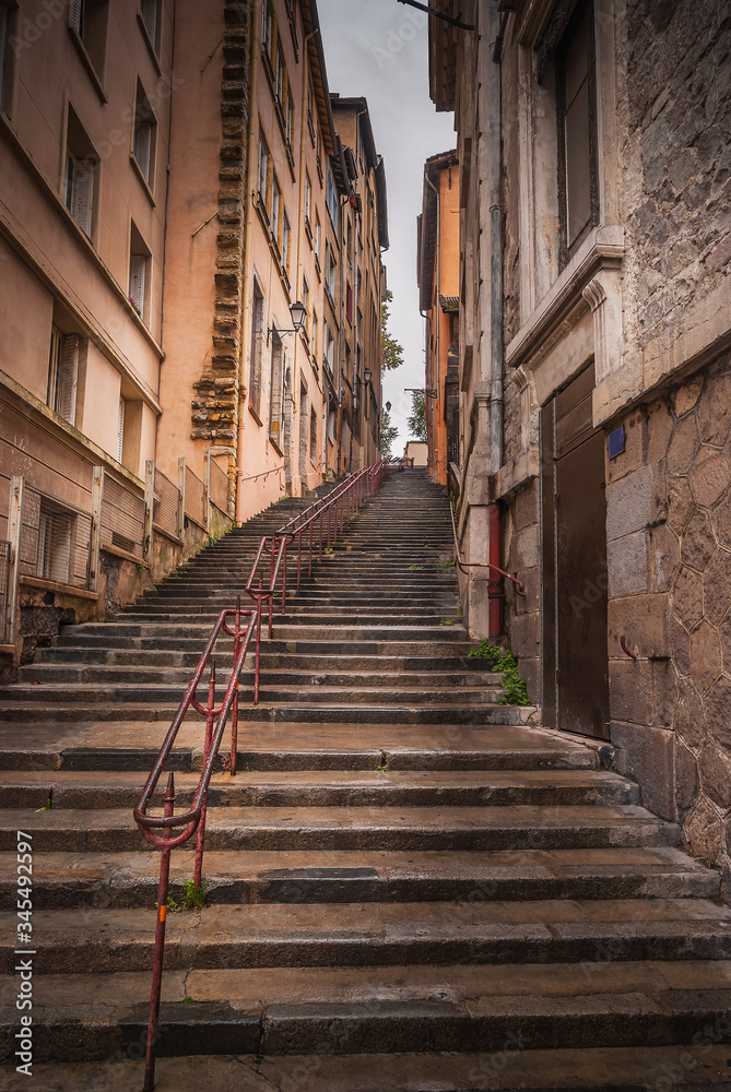 Montee des Carmes Dechausses steps in Fourviere, a Typical narrow street of the Vieux Lyon (old Lyon), on Colline de Fourviere Hill