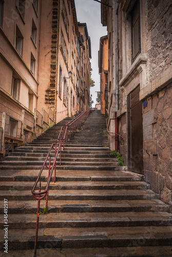 Montee des Carmes Dechausses steps in Fourviere, a Typical narrow street of the Vieux Lyon (old Lyon), on Colline de Fourviere Hill