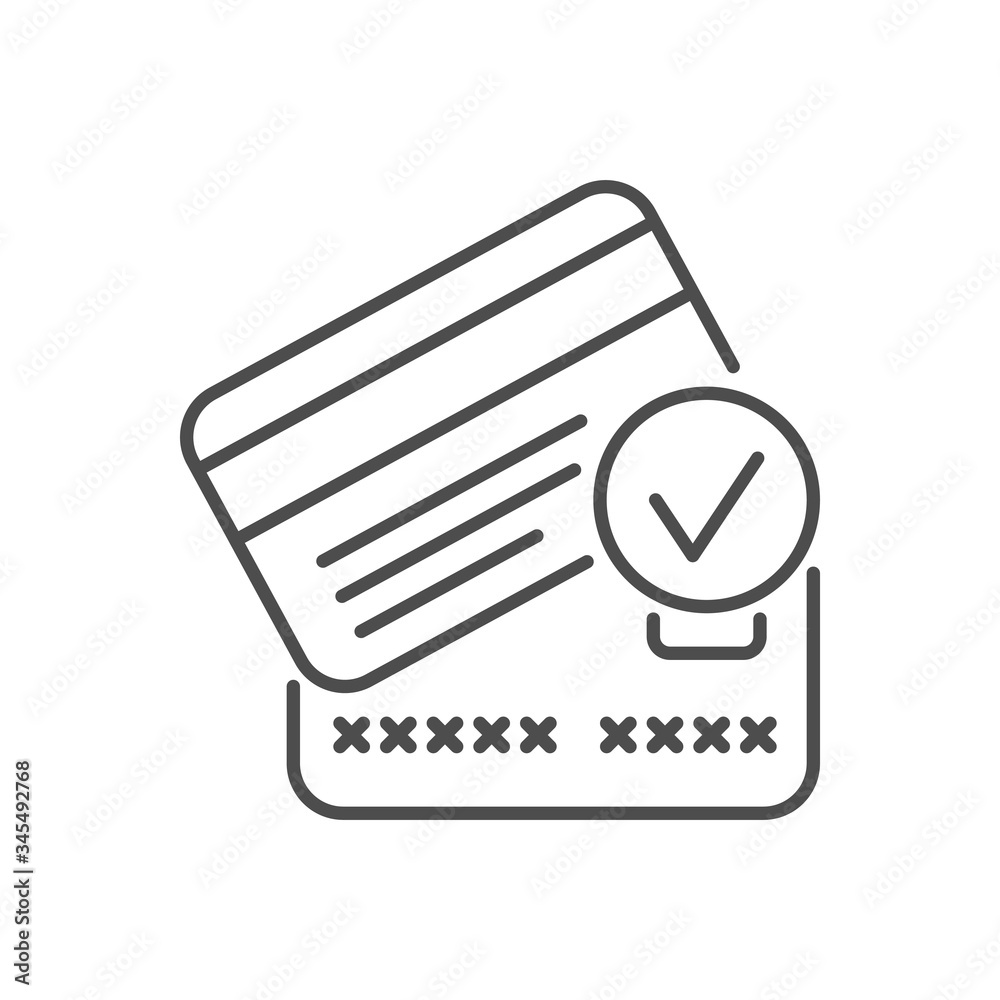 Credit card related vector thin line icon. Credit cards with check mark