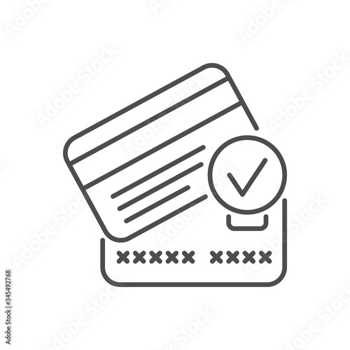 Credit card related vector thin line icon. Credit cards with check mark. Isolated on white background. Editable stroke. Vector illustration.