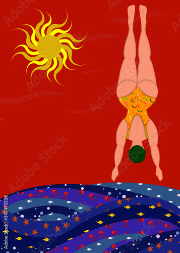 Donna formosa che si tuffa nell'oceano - Onde colorate con pesci, meduse e stelle marine. Sole, estate
Illustrazione vettoriale