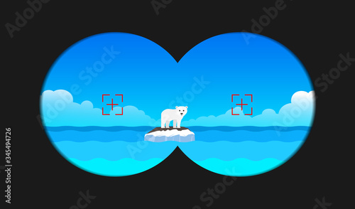 polar bear cub standing on melting floe iceberg in ocean binoculars view