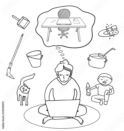 Disadvantage of work from home. Woman with laptop surrounded by child, cat, household duties dreaming about office workplace. Hand drawn doodle vector. Mother working home. Freelance, quarantine.