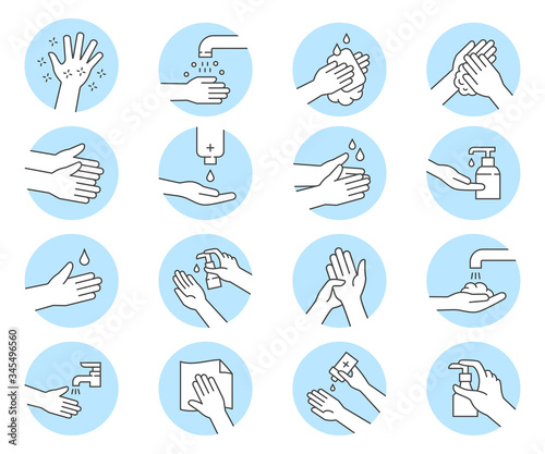 Hand washing line icon set. Vector illustration.
