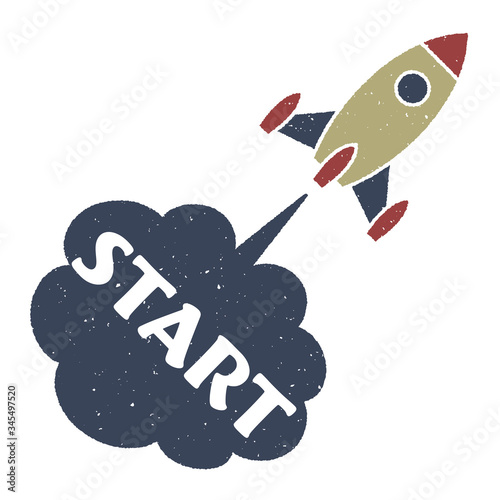 Rocket flying in space with speech bubble. 