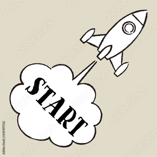 Rocket flying in space with speech bubble. 