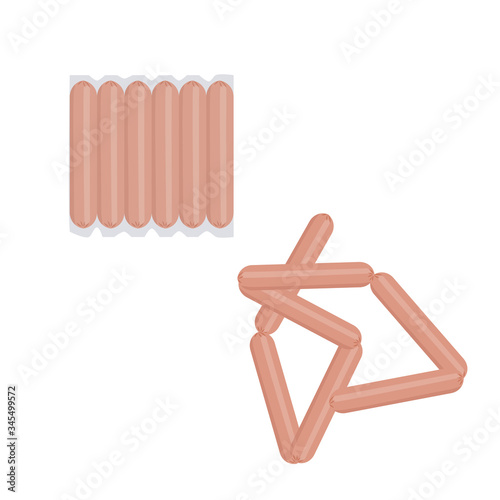 Sausages in a vacuum package and in a bundle. Meat products.
