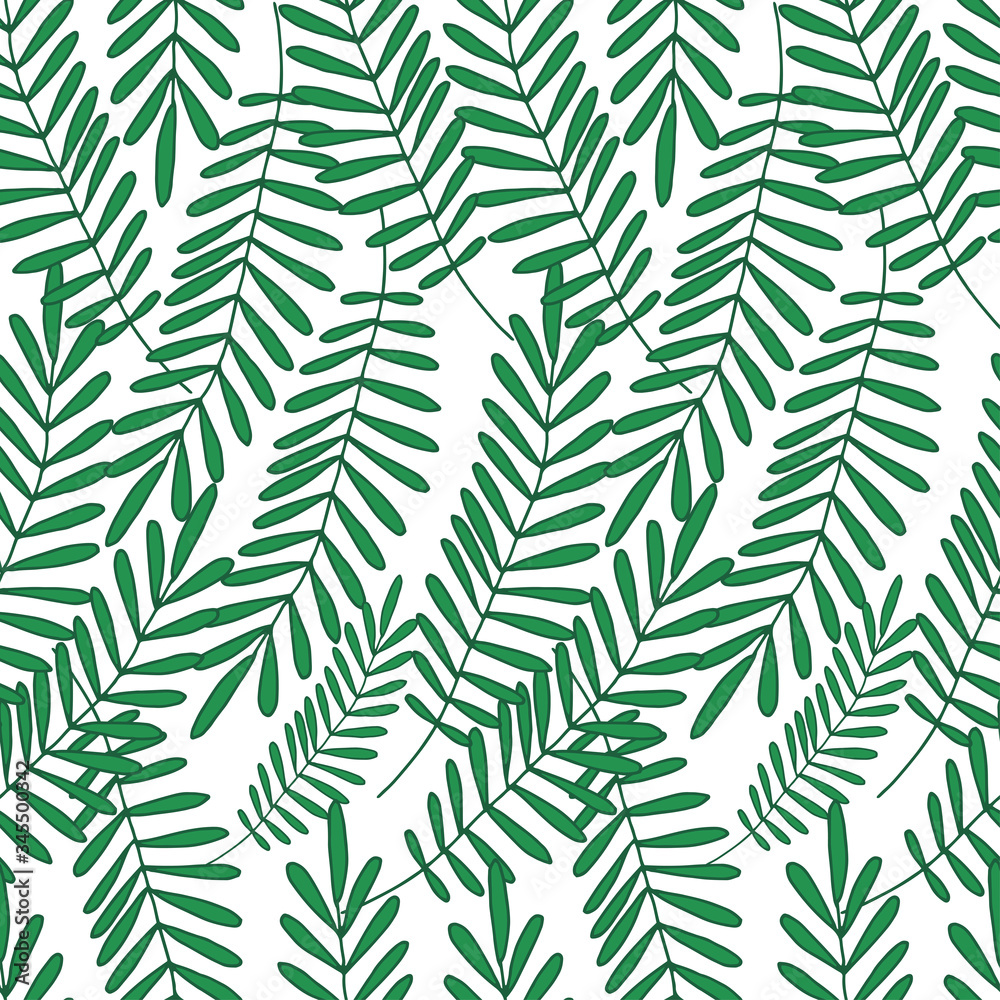 Seamless pattern with green leaves. Color drawing by hand. Design of wrappers, postcards, Wallpapers, and notebook covers.