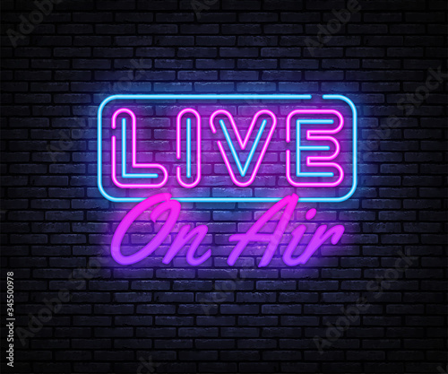 Live on Air Neon Text Vector. Radio On Air neon sign, design template, modern trend design, night signboard, night bright advertising, light banner, light art. Vector illustration