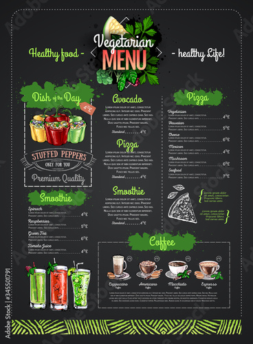 Vegetarian menu design with vegan meals. Restaurant menu
