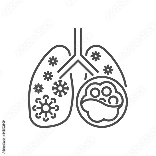 Pneumonia related vector thin line icon. Lungs with alveoli and coronavirus. Isolated on white background. Editable stroke. Vector illustration.