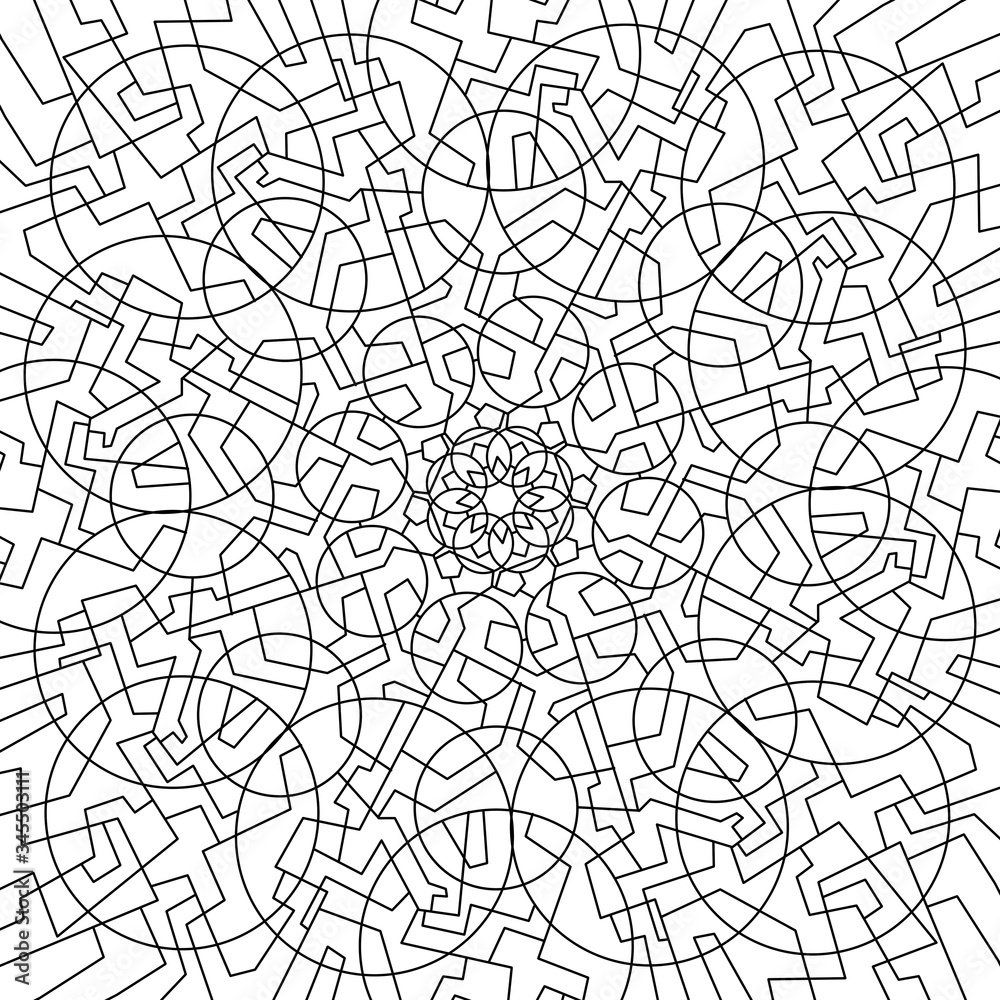 Geometric mandala coloring book. Abstract pattern. Circles and lines, shapes. Beautiful relaxation black and white ornament. Large size, meditative drawing. Coloring book page.