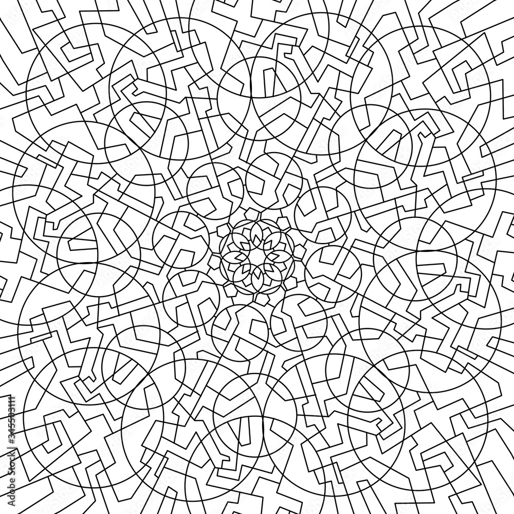 Fototapeta premium Geometric mandala coloring book. Abstract pattern. Circles and lines, shapes. Beautiful relaxation black and white ornament. Large size, meditative drawing. Coloring book page.