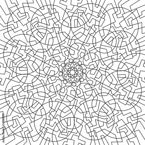 Geometric mandala coloring book. Abstract pattern. Circles and lines  shapes. Beautiful relaxation black and white ornament. Large size  meditative drawing. Coloring book page.
