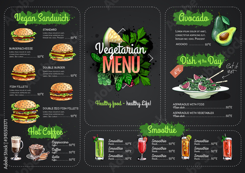 Chalk drawing Vegetarian menu design with vegan meals. Restaurant menu