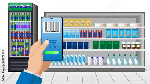 Online supermarket concept.  hand holding smartphone using shopping app  . vector image .