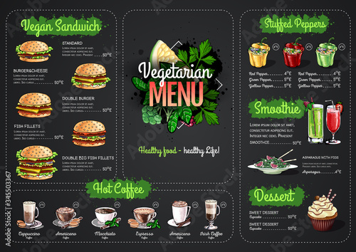 Chalk drawing Vegetarian menu design with vegan meals. Restaurant menu