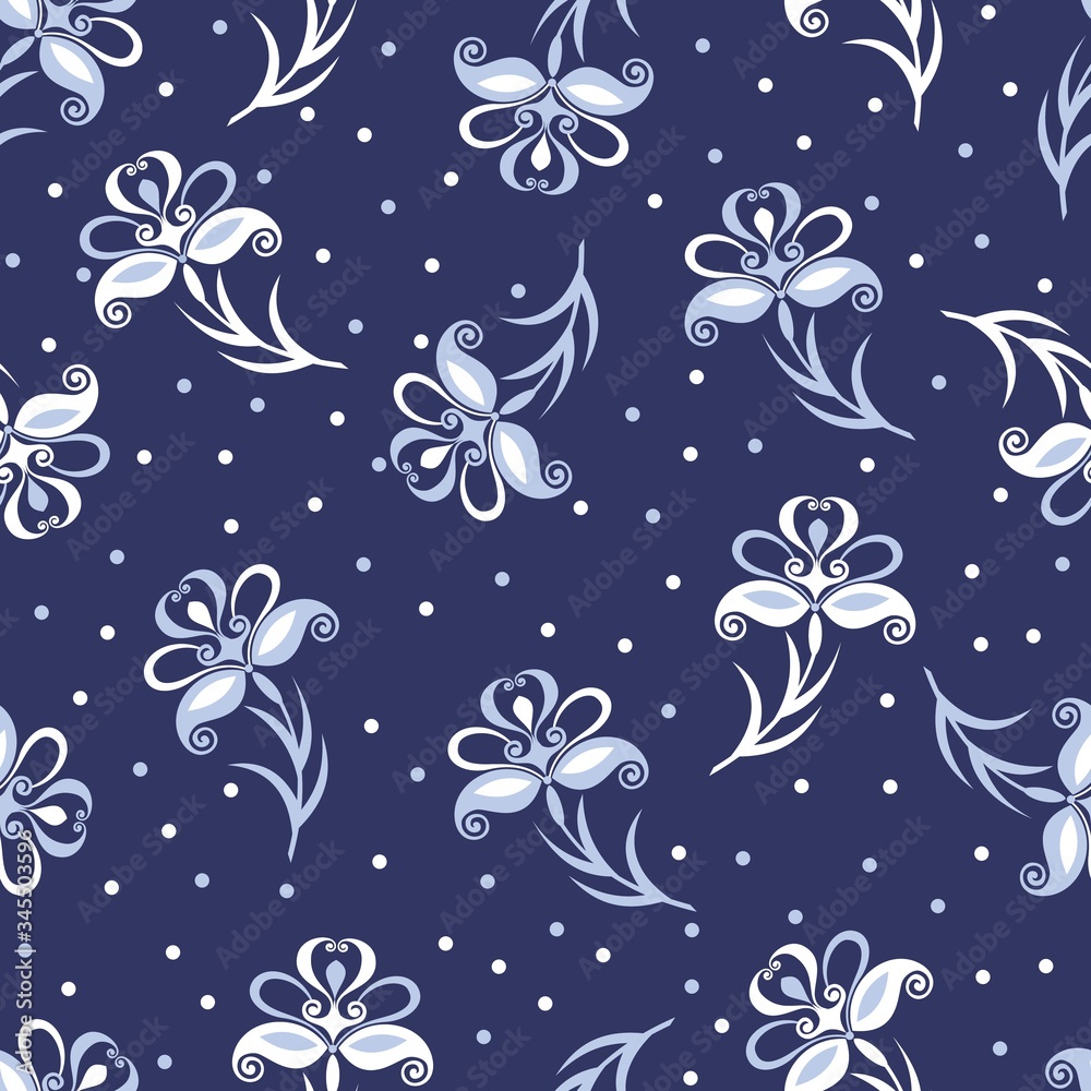 Seamless pattern with stylized iris flower and polka dots. Grey flowers on a blue background. Vector illustration.
Seamless pattern with stylized iris flower and polka dots. Grey flowers on a blue background. Vector illustration.