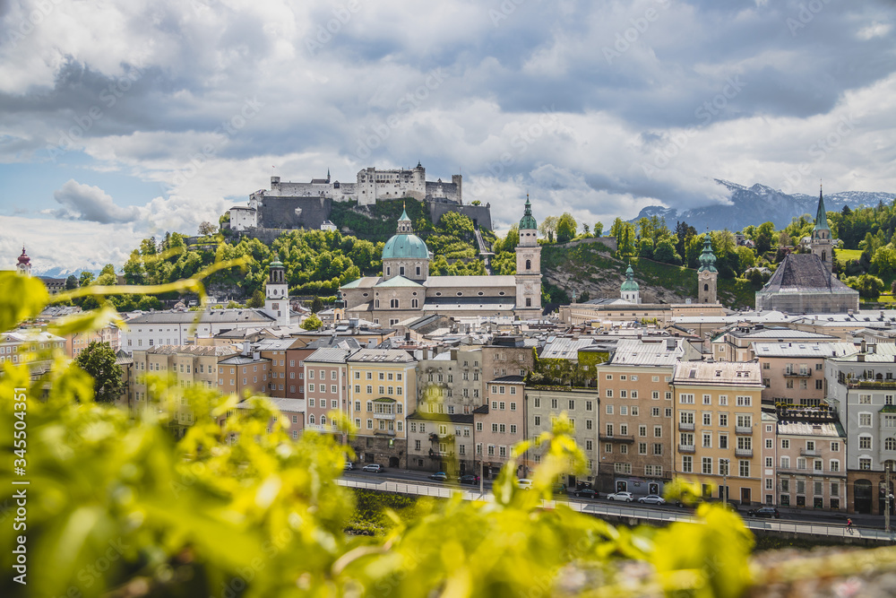 Vacation in Salzburg: Salzburg old city with fortress and cathedral in spring, Austria