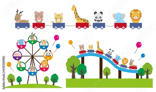 遊園地で遊ぶかわいい動物たちのイラストセット