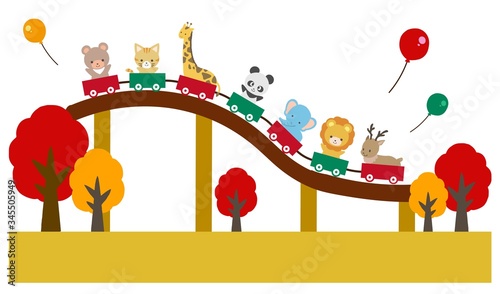 遊園地で遊ぶかわいい動物たちのイラスト素材（秋）