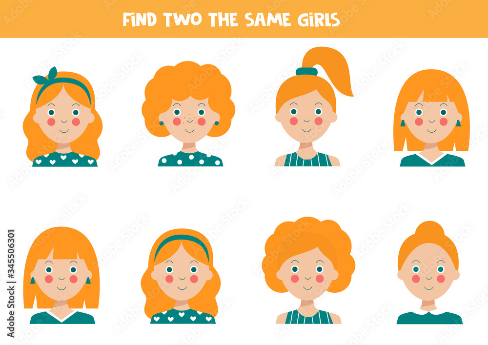 Find two identical girls Educational worksheet for kids. Find two identical girls Educational worksheet for kids.