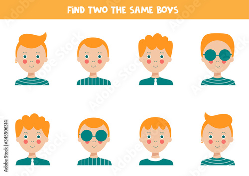 Find two identical boys. Educational worksheet for kids.