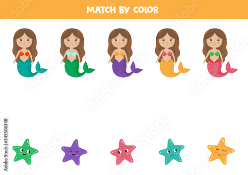 Match mermaids and starfish by colors. Educational worksheet.
