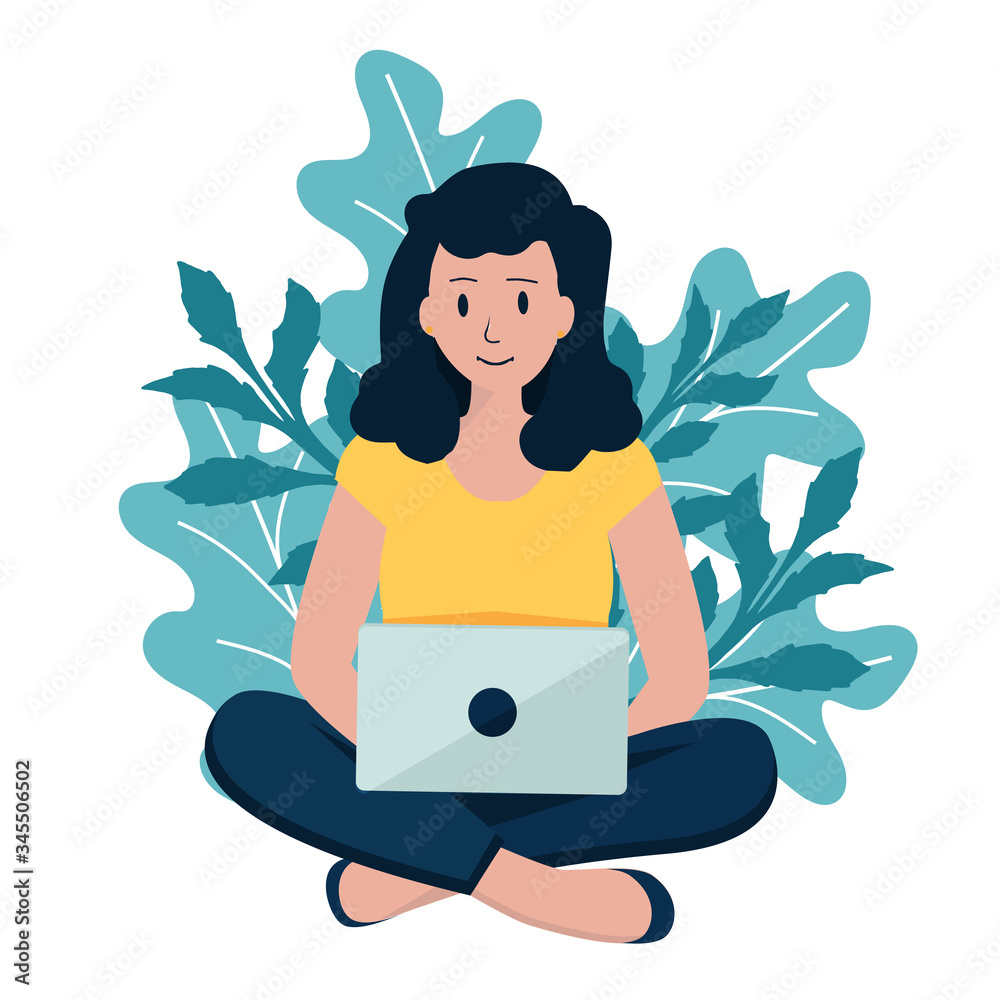 Girl in lotus position sits at a laptop. Work at home. vector. eps Girl in lotus position sits at a laptop. Work at home. vector. eps