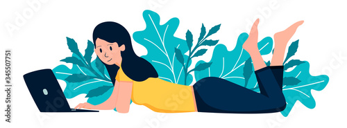 Girl with a laptop. Work at home.vector. eps