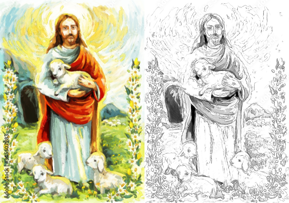Fototapeta premium calm jesus messiah and resurrection with sketch - illustration
