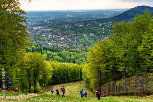 Quadro su tela View of Beskid Slaski mountain range from the nearby slopes in Wisla and Ustron - popular tourist destination towns