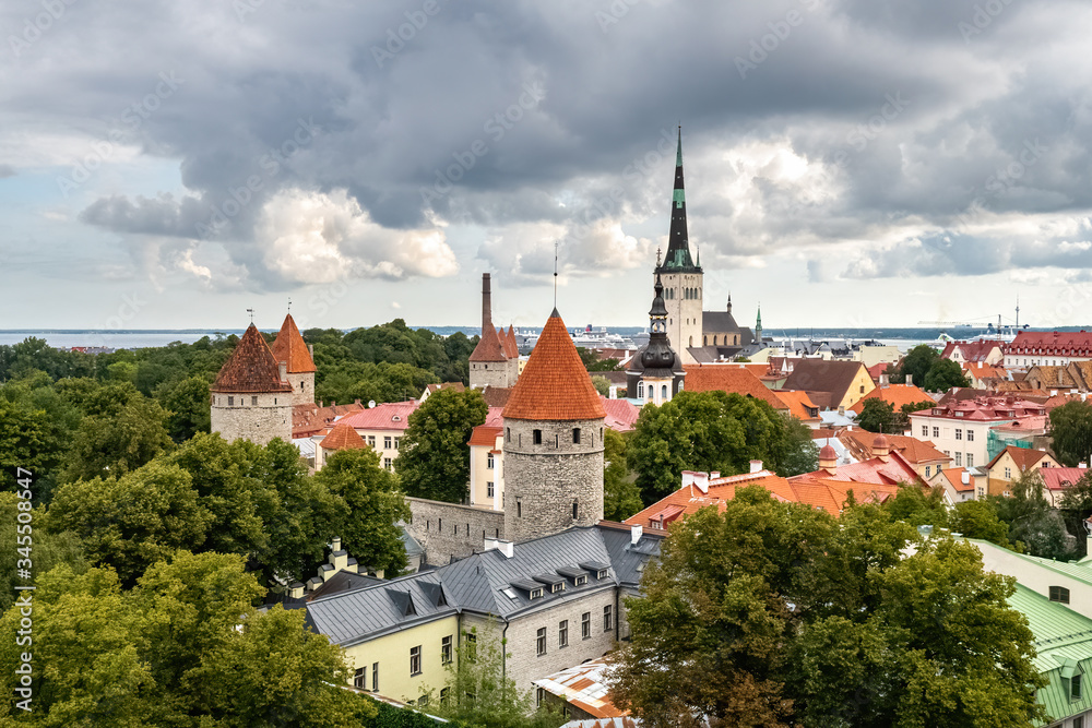 Summer panoramic view of Saint Nicholas Church tower and Toompea hill. Old town of Tallinn with red rooftops, Estonia