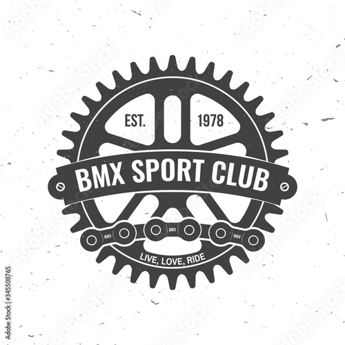 Bmx extreme sport club badge. Vector. Concept for shirt, logo, print, stamp, tee with sprocket, chain. Vintage typography design with bmx sprocket and chain silhouette.