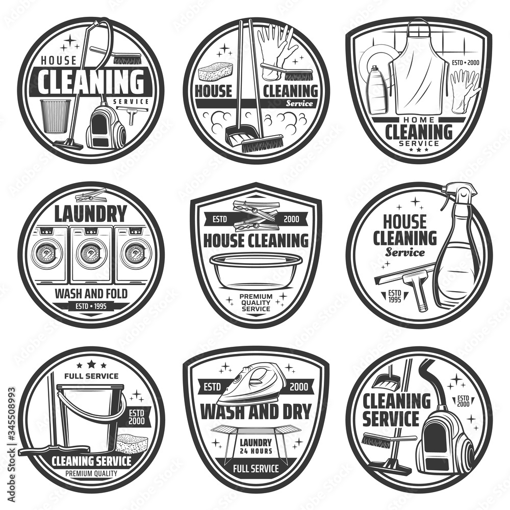 Cleaning, laundry and washing vector icons, house cleaning. Home vacuum cleaner and iron, laundry washing machine and mop sponge, detergent and cleanser, utencil and service icons with soap bubbles