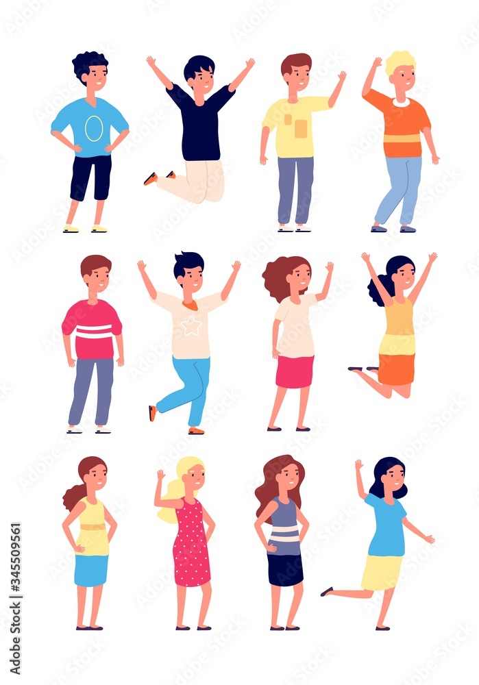 Happy kids. Little joyful children, smiling jump people. Funny cartoon friends, isolated small child. Vector cute boys and girls collection. Illustration child girl and boy, people school character
