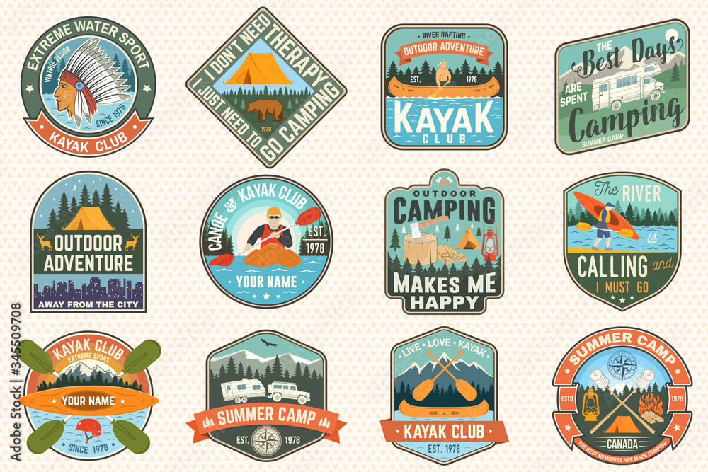 Naklejka premium Set of summer camp, canoe and kayak club badges. Vector. Concept for patch. Retro design with camping, mountain, river, american indian and kayaker silhouette. Extreme water sport kayak patches