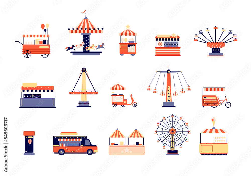 Naklejka premium Amusement park icons. City attractions entertainment. Flat coaster and ferris wheel, carousels food tents. Isolated carnival vector elements. Amusement coaster, attraction ride horse illustration