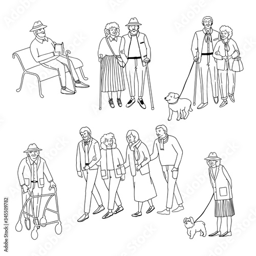 Vector outline set with illustrations of old people walking