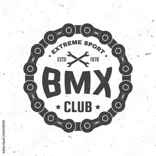 Bmx extreme sport club badge. Vector. Concept for shirt, logo, print, stamp, tee with sprocket, chain. Vintage typography design with bmx sprocket and chain silhouette.
