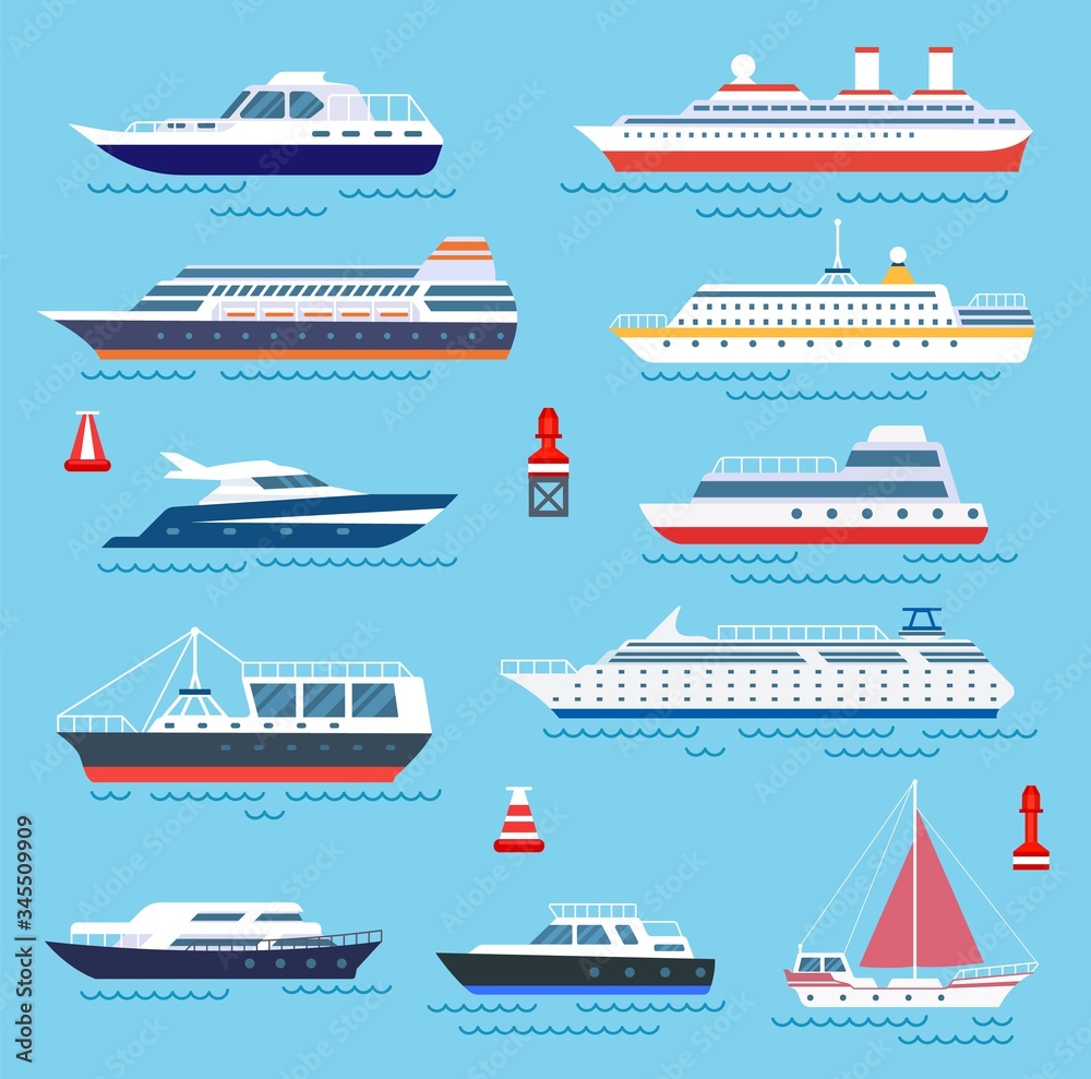 Sea ship. Vessel shipping, speedboating and yacht. Travelling or transportation, cruise and modern vessels. Water transport vector icons. Cruise vessel, shipping marine, sea transport illustration Sea ship. Vessel shipping, speedboating and yacht. Travelling or transportation, cruise and modern vessels. Water transport vector icons. Cruise vessel, shipping marine, sea transport illustration