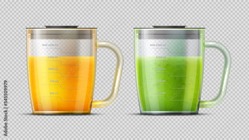 Realistic measuring glasses with juice. Green and orange freshes. Fruit