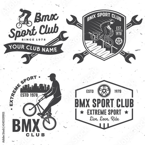 Set of bmx extreme sport club badge. Vector. Concept for shirt, logo, print, stamp, tee with man ride on a sport bicycle. Vintage typography design with bmx cyclist, bmx sprocket and chain silhouette