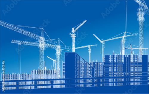 blue illustration with house buildings and white cranes