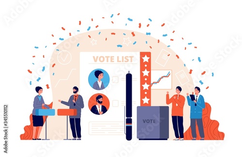 Vote polling. Democracy election, patriotic survey or choice. Political people opinion, independence voting. Woman man debate vector concept. Illustration ballot and election, democracy political