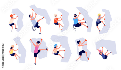 Sport climbing. Kids adults climb wall. Accomplishment top, risk adventure. Isolated strong climbers with equipment, extreme girl vector set. Rock climber climbing, sport extreme exercise illustration