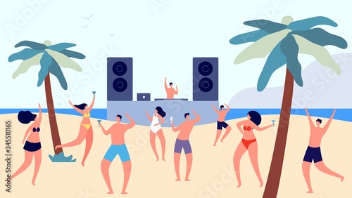 Beach party. Summer teenagers disco, flat fun dj and happy dancing people. Young girls boys listening music and drinking vector illustration. Summer disco beach festival, dance and celebration