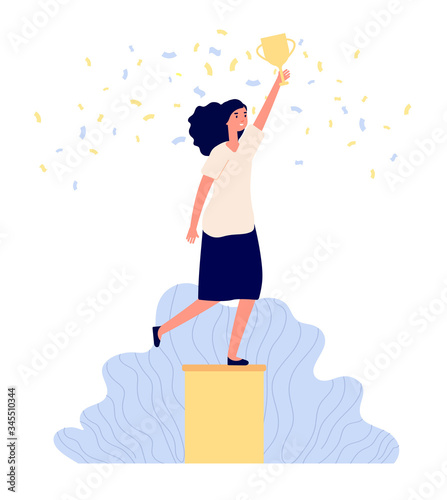 Business woman on pedestal. Female character work success. Girl holds trophy in hand. Golden cup award winner, victory vector illustration. Business person pedestal, success woman award