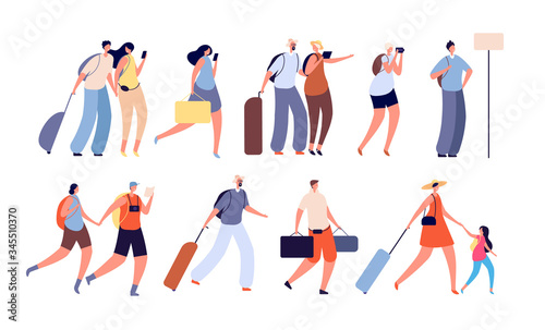 Travel people. Travellers characters, person with camera. Isolated adult and young tourist with suitcases. Man woman vacation vector set. Traveler bag and trip woman illustration